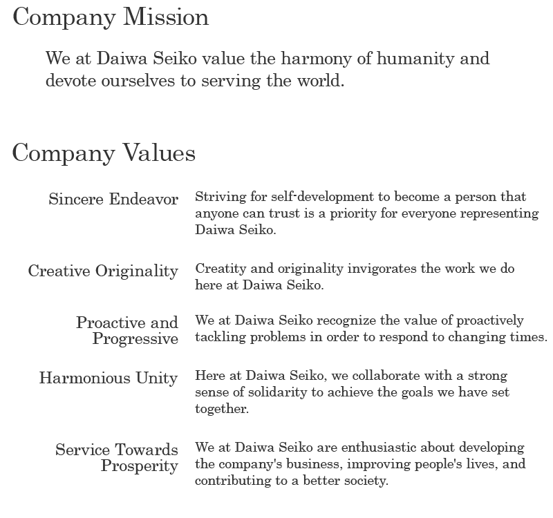 [Company Mission]We at Daiwa Seiko value the harmony of humanity and devote ourselves to serving the world.／[Company Values]「Sincere Endeavor」Striving for self-development to become a person that anyone can trust is a priority for everyone representing Daiwa Seiko. 「Creative Originality」Creatity and originality invigorates the work we do here at Daiwa Seiko.「Proactive and Progressive」We at Daiwa Seiko recognize the value of proactively tackling problems in order to respond to changing times.「Harmonious Unity」Here at Daiwa Seiko, we collaborate with a strong sense of solidarity to achieve the goals we have set together.「Service Towards Prosperity」We at Daiwa Seiko are enthusiastic about developing the company's business, improving people's lives, and contributing to a better society.